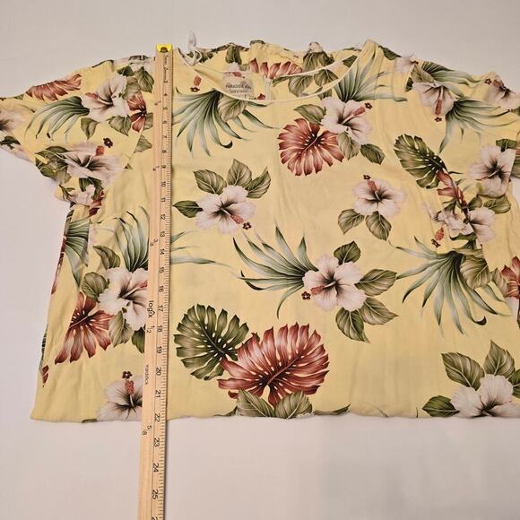 VTG Hawaiian Hibiscus Monstera Print Midi Dress 2XL Butter Yellow Ruffle Hem USA - Picture 4 of 7